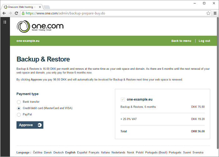 Select how you want to pay and click approve to activate