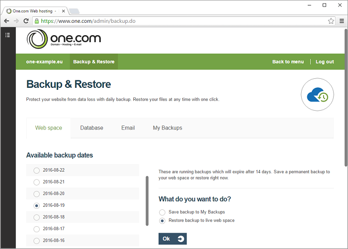 Select from which you want to restore a backup from your web space