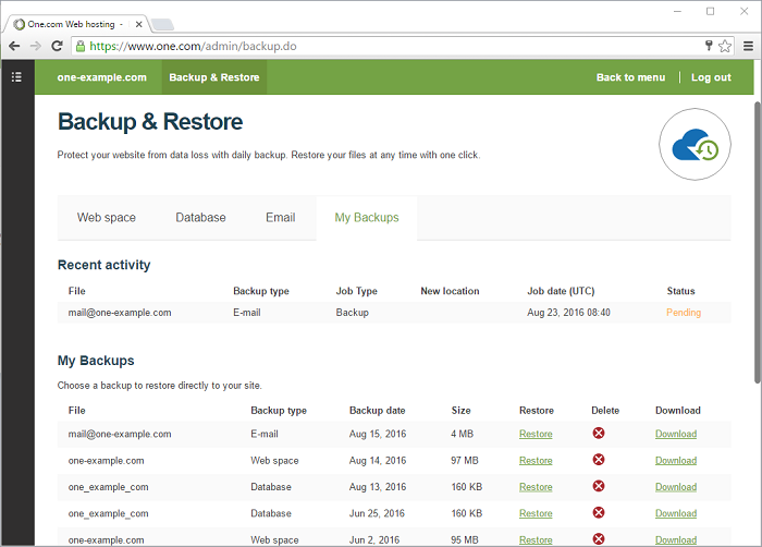 You can use backup and restore for your web space database and email