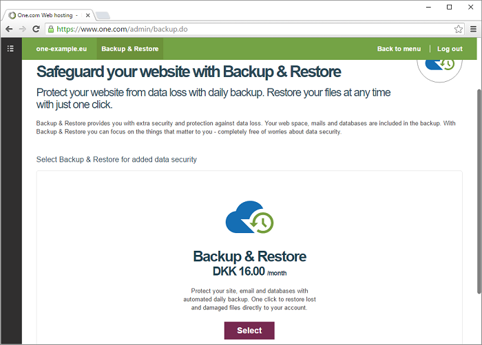 Click select to activate backup and restore