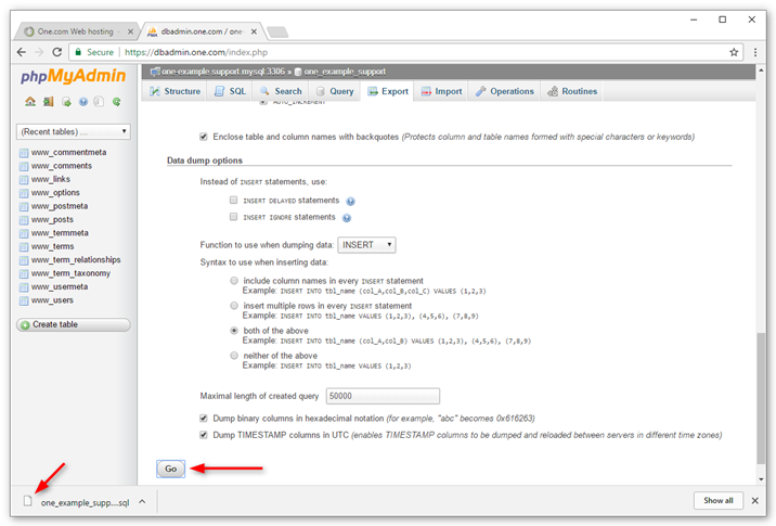 Click Go to export