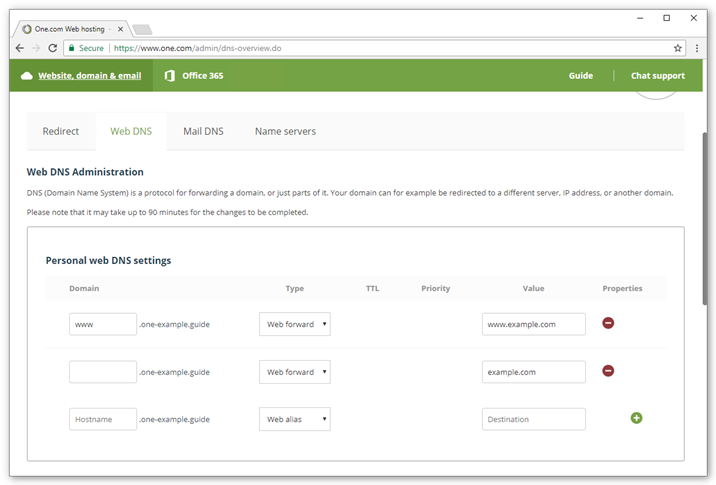 Select Web forward from the dropdown menu type in the domain and click the green + icon