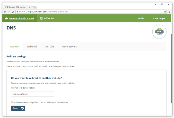 Type in the domain you want to redirect to and click Save