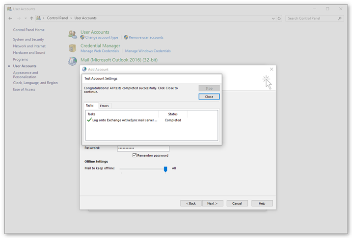 Your account settings are tested, click Close when done