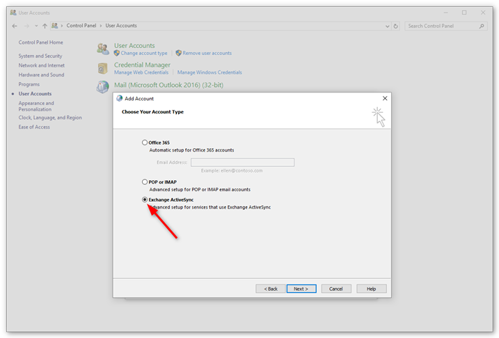 Select Exchange ActiveSync as your account type.