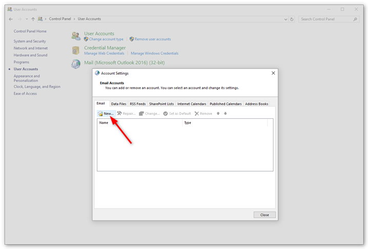 Click New to start adding a new email account
