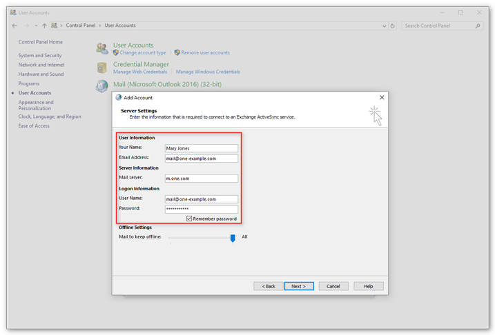 Enter m.one.com as mail server and your email address as user name