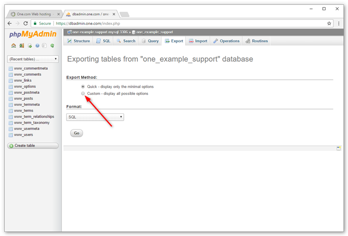 Settings to export database