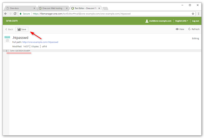 enter code in htpasswd file