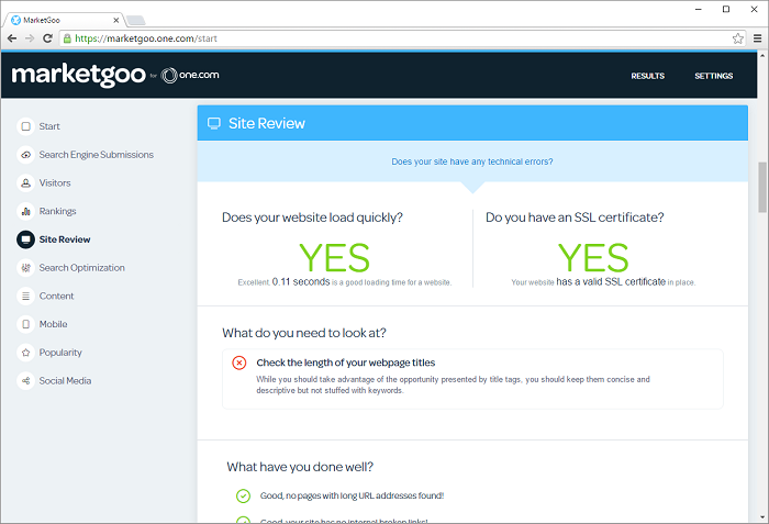 MarketGoo reviews your site to see if there are any technical issues