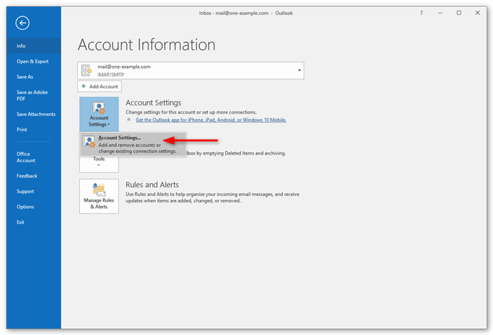 outlook account settings windows 10