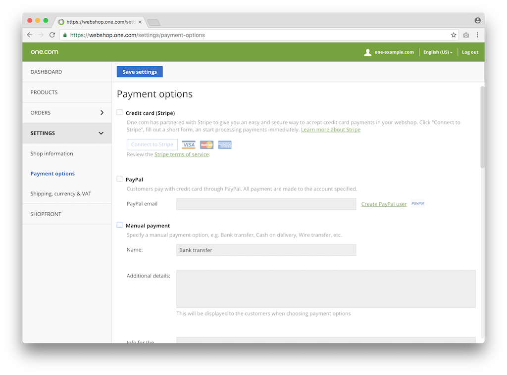 Settings for payments in webshop