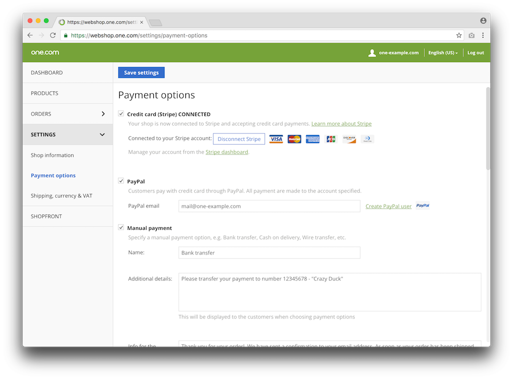Stripe account is connnected in webshop