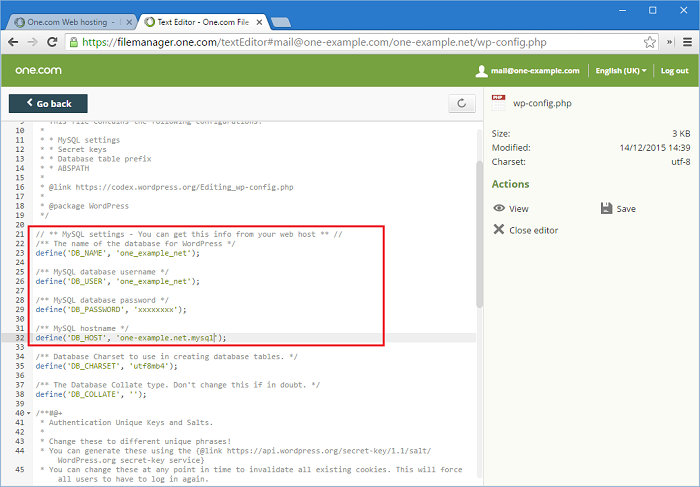 Update wp-config.php with the details of the new domain