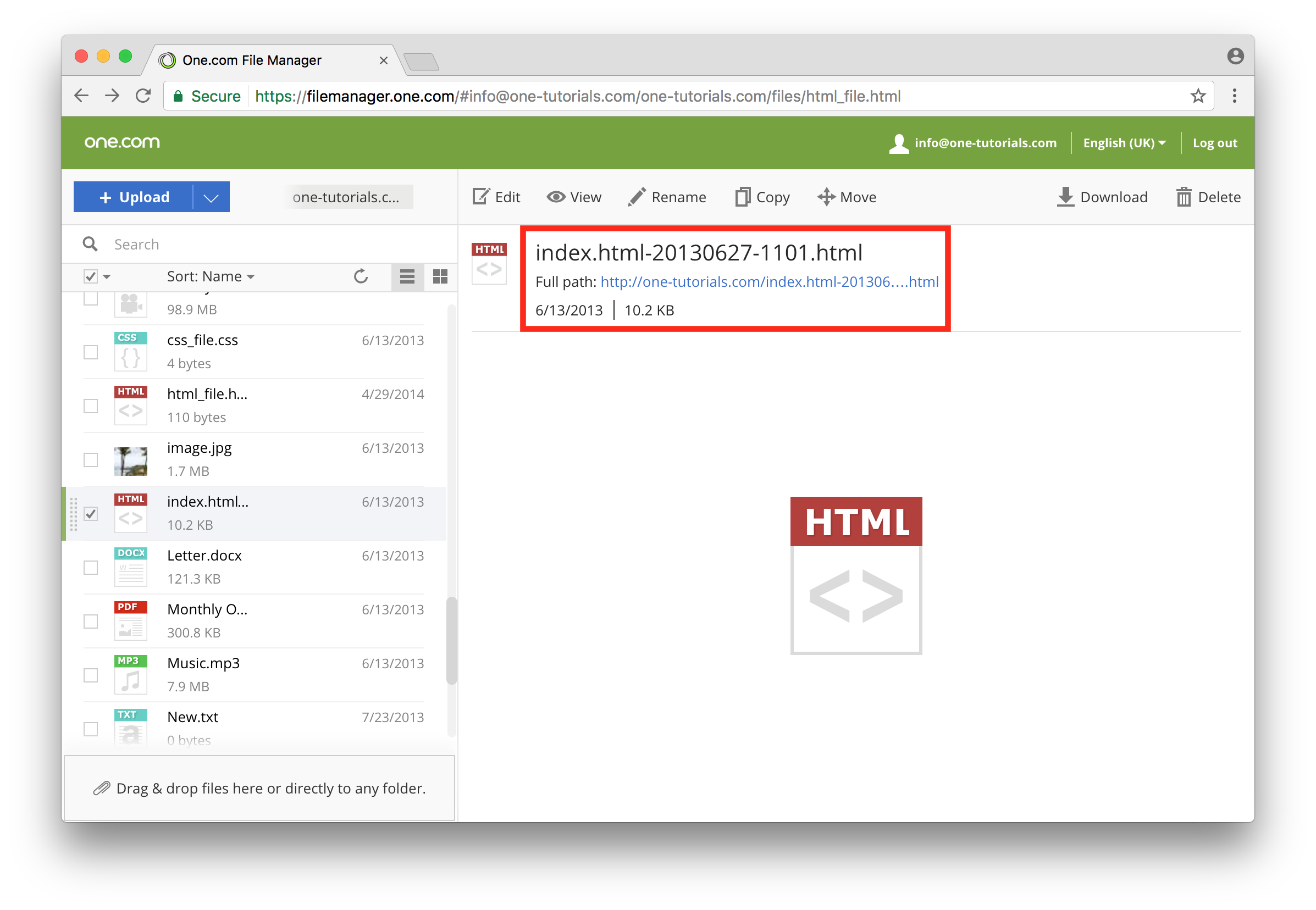 Viewing file information in File Manager.