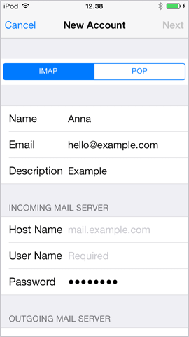 Seleccione la pestaña IMAP en iPhone iOS 7.