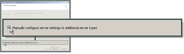 Manual configuration of server settings in Outlook 2007.