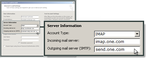 Configuration of the incoming IMAP server for your email account.