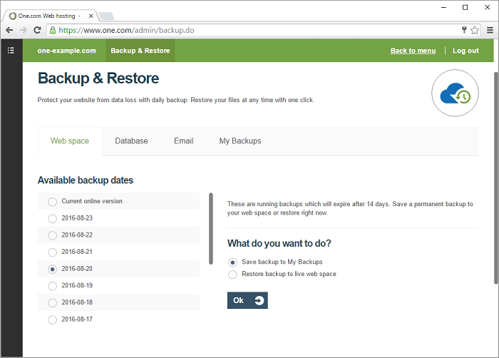 Select what date you want to have a backup from