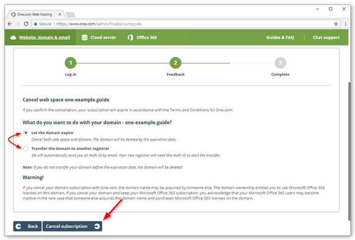 Please choose if the domain should expire or if you want to transfer it to another provied