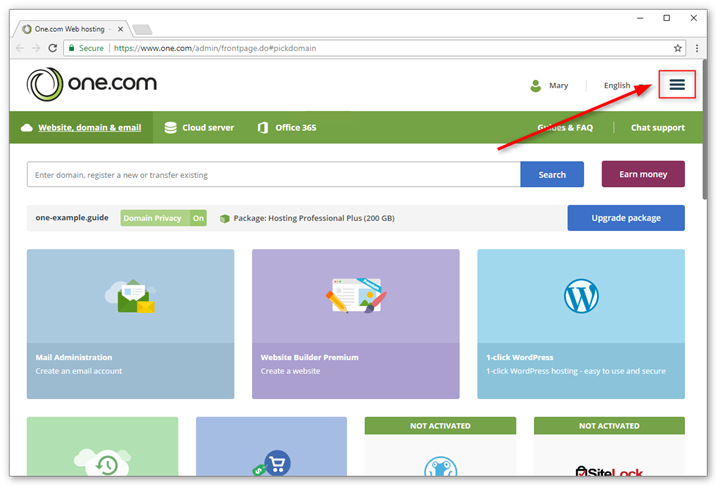 Log in to the control panel and click the menu in the top right corner