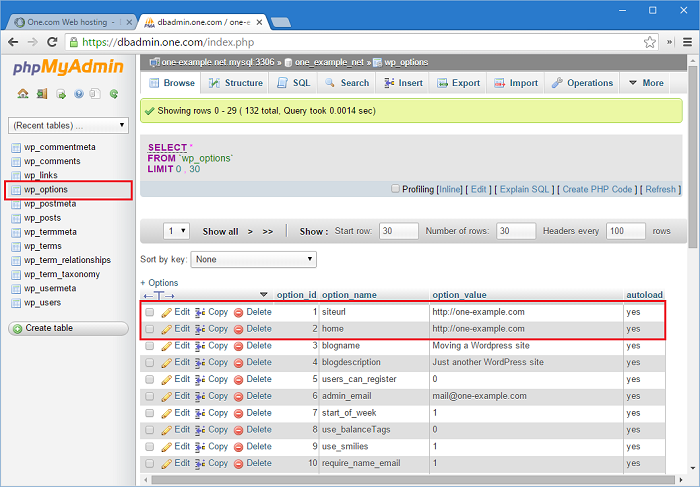 Change records for siteurl and home
