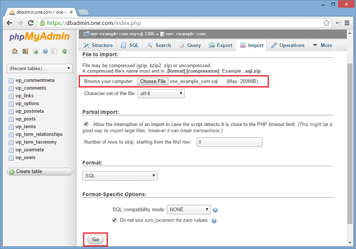 Choose the file to import