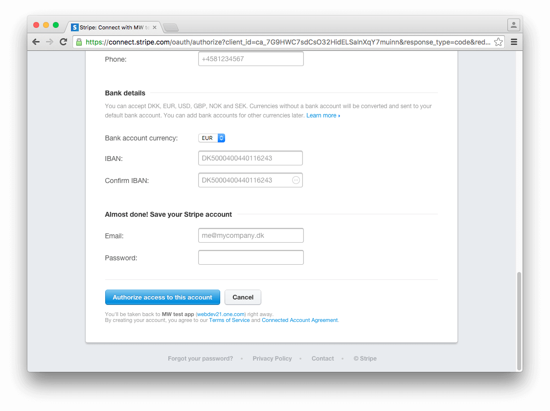 Click authorize access to this Stripe account
