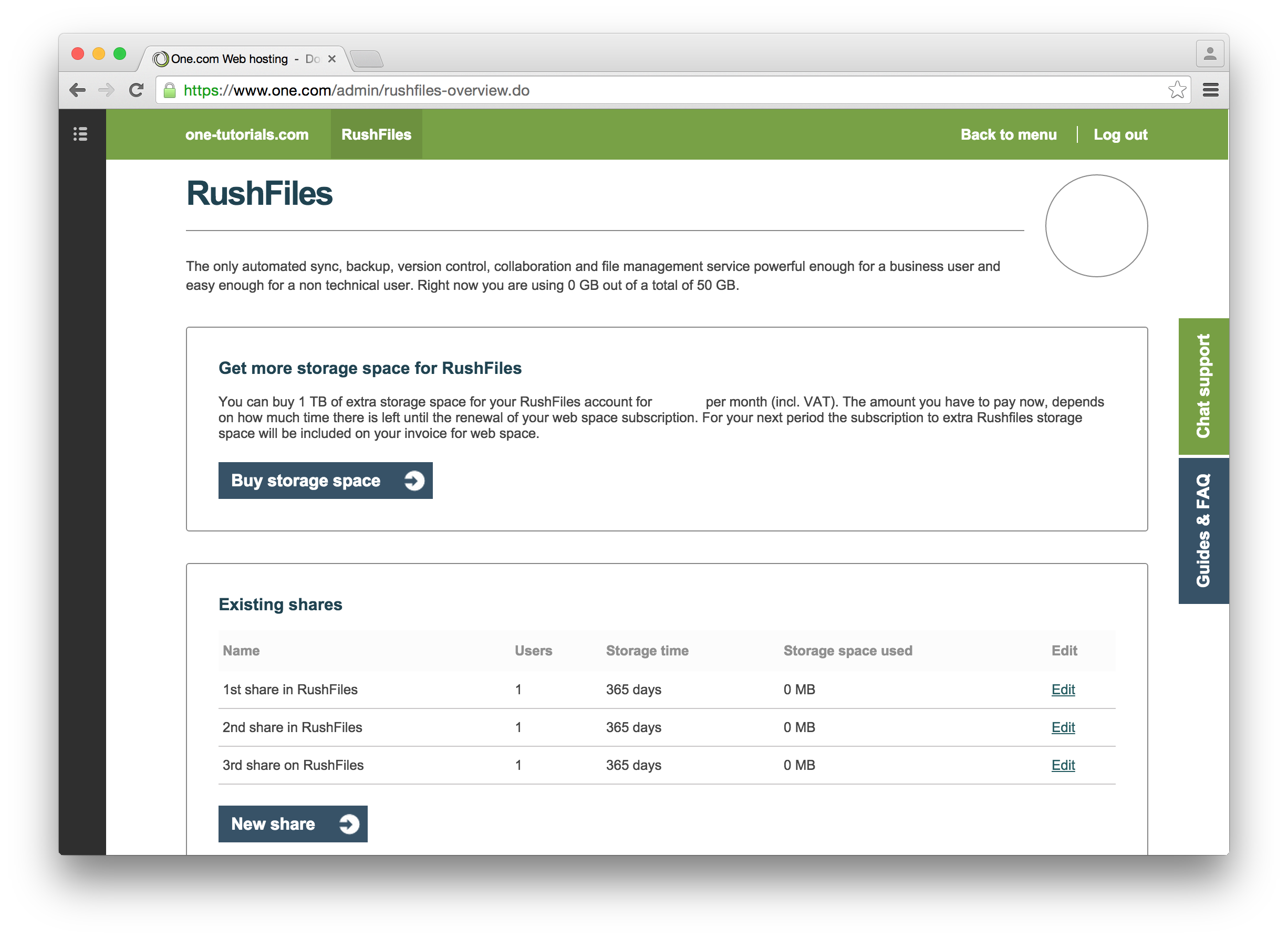 Click new share in the RushFiles section