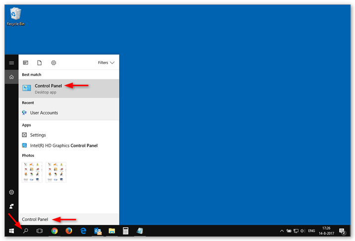 Click the search icon and type in control panel