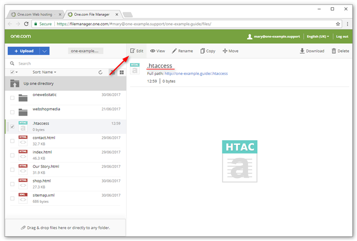 Create a file called .htaccess and click Edit
