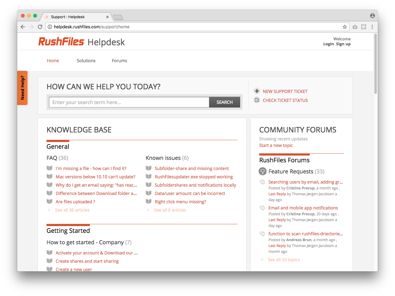 Help desk at Rushfiles website