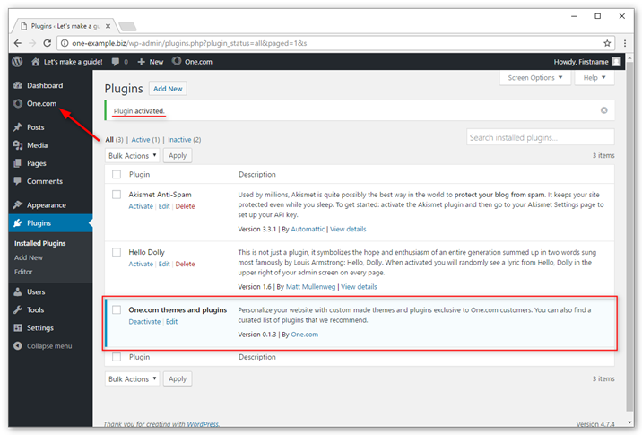 The One.com themes and plugins plugin has now been activated