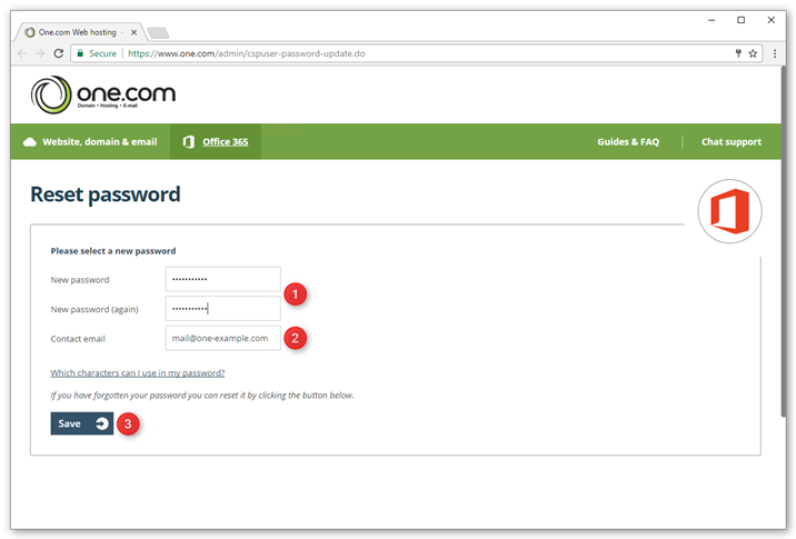 Type in your new password twice and optionally a new contact address