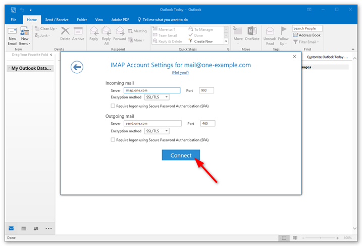 Adjust the settings for the outgoing server port 587 with STARTTLS