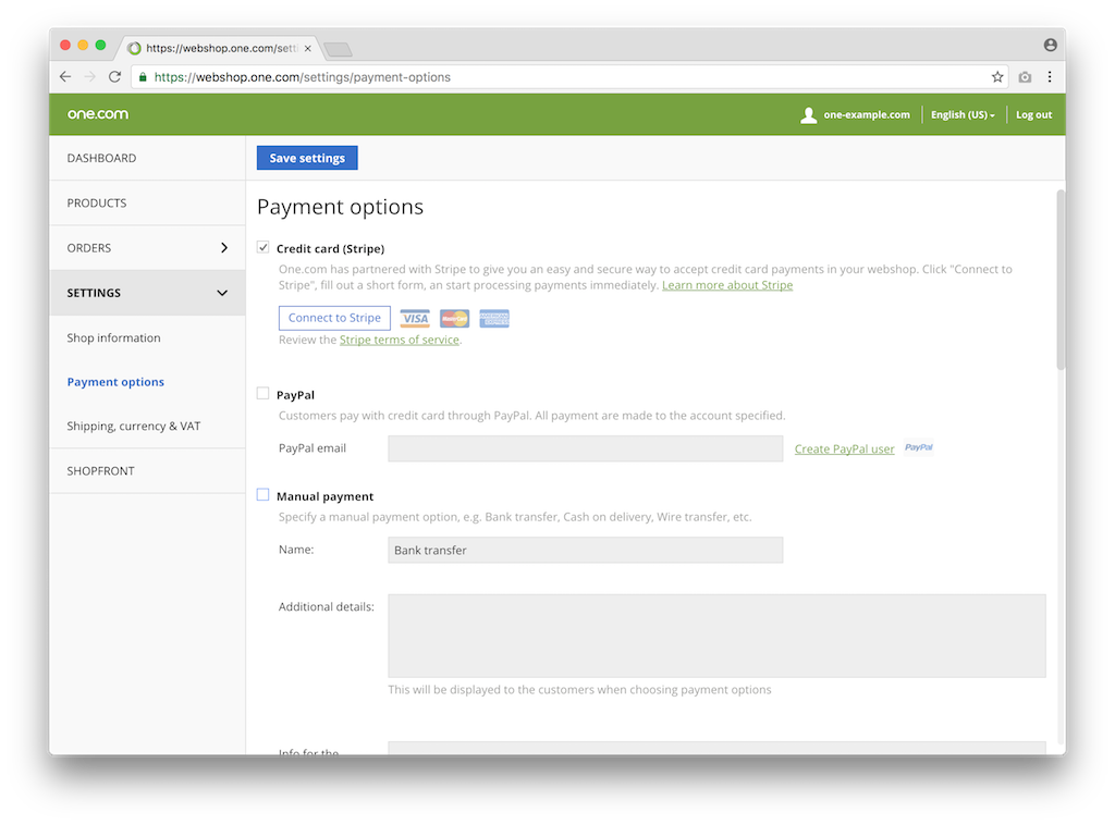 Select Connect to Stripe in webshop