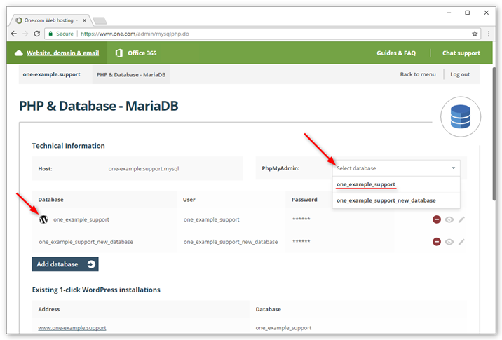 Select database in drop-down
