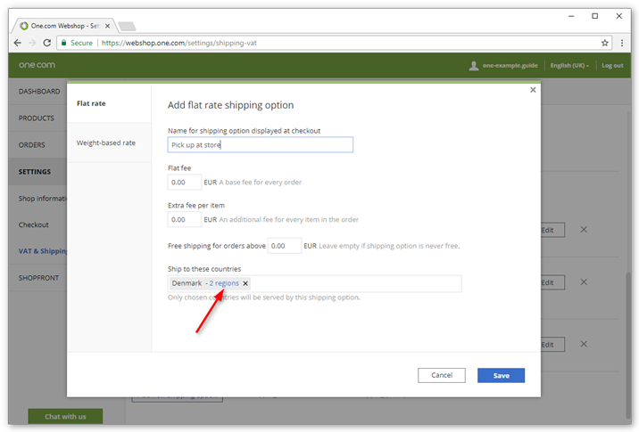 You can select specific regions in a country, for example to pick up in your store