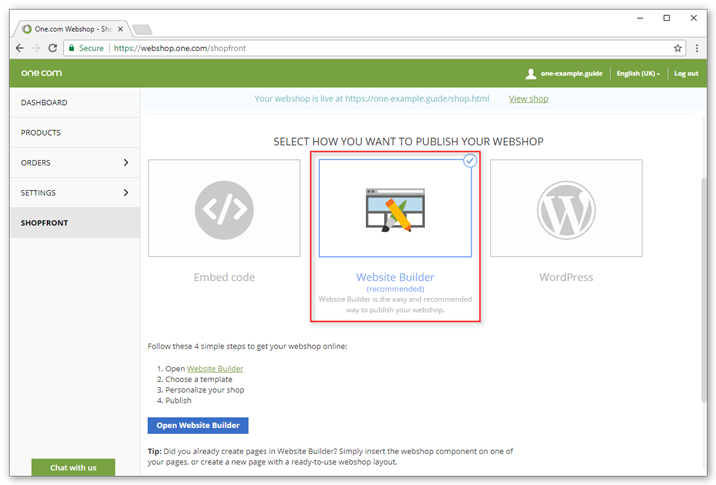 Publish your shop in Website Builder with the webshop component