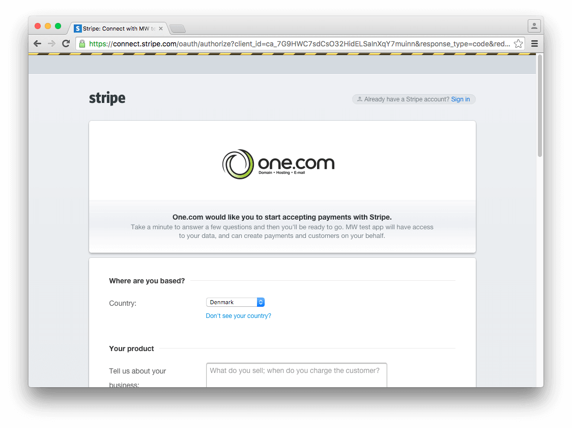 Sign in with existing Stripe account
