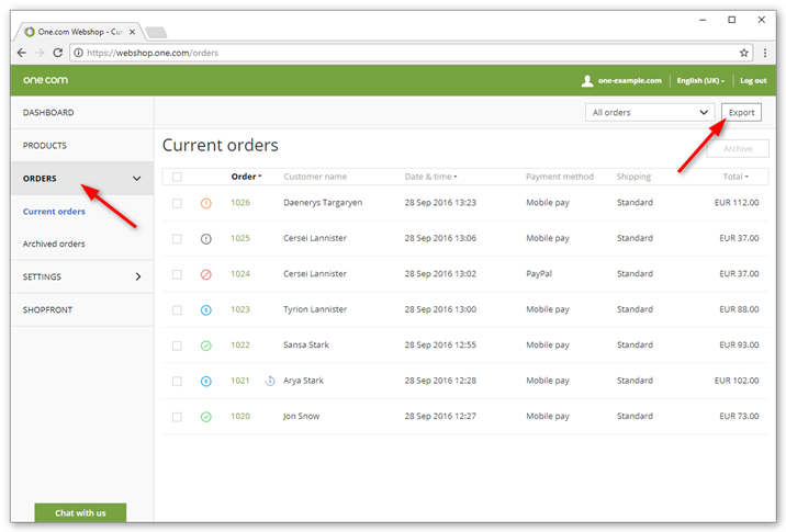 Click Export on your orders page.