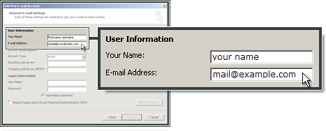 Entering user information in Outlook 2007.