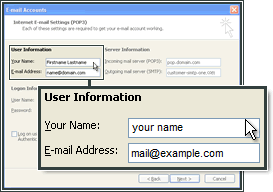 Entering user information for setting up the email account in MS Outlook.