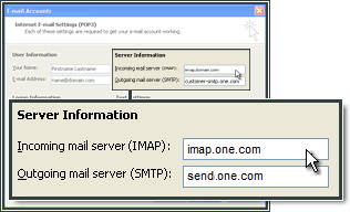 Typing in IMAP and SMTP details for the email account in MS Outlook.